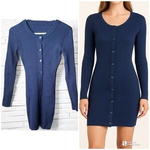 Navy Ribbed Mini Sweater Dress Button Up Long Sleeve Knit Bodycon